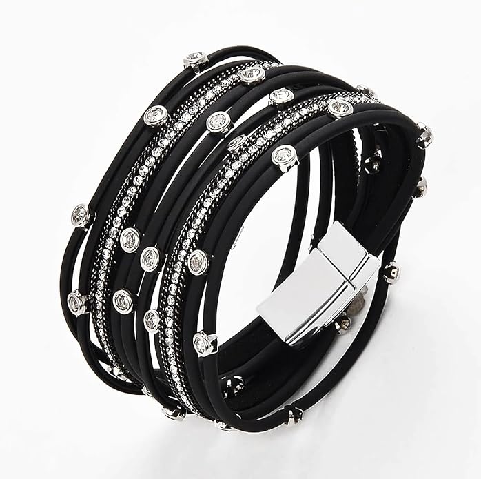 Fesciory Leopard Bracelet for Women, Boho Leather Wrap Multi-Layer Pearl Crystal Bracelet Bangle Jewelry