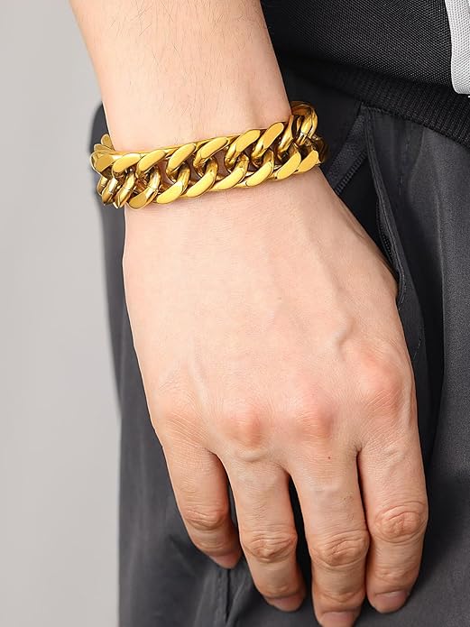 ChainsHouse Stainless Steel Cuban Link Bracelet, 8mm/12mm/17mm Width, 7.5"/8.3"/9", 18K Gold Plated Chain Wrist Bracelets for Men Women, Send Gift Box