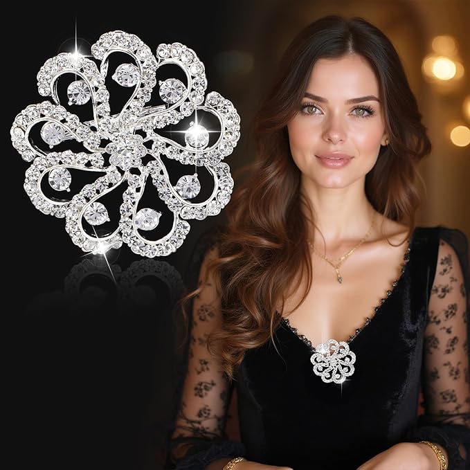 kilofly 4pc Rhinestone Wedding Crystal Floral Fashion Brooch Pin + Gift Bag