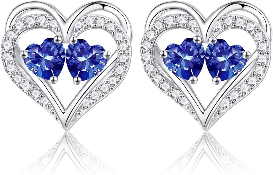 Iefil Birthstone Earrings for Women - 925 Sterling Silver Heart Earrings Anniversary Birthday Gifts for Women Wife Girlfriend Mom