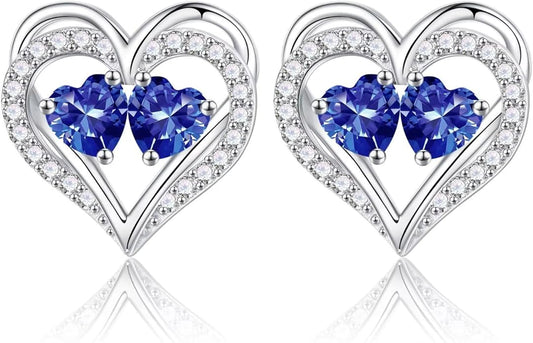 Iefil Birthstone Earrings for Women - 925 Sterling Silver Heart Earrings Anniversary Birthday Gifts for Women Wife Girlfriend Mom