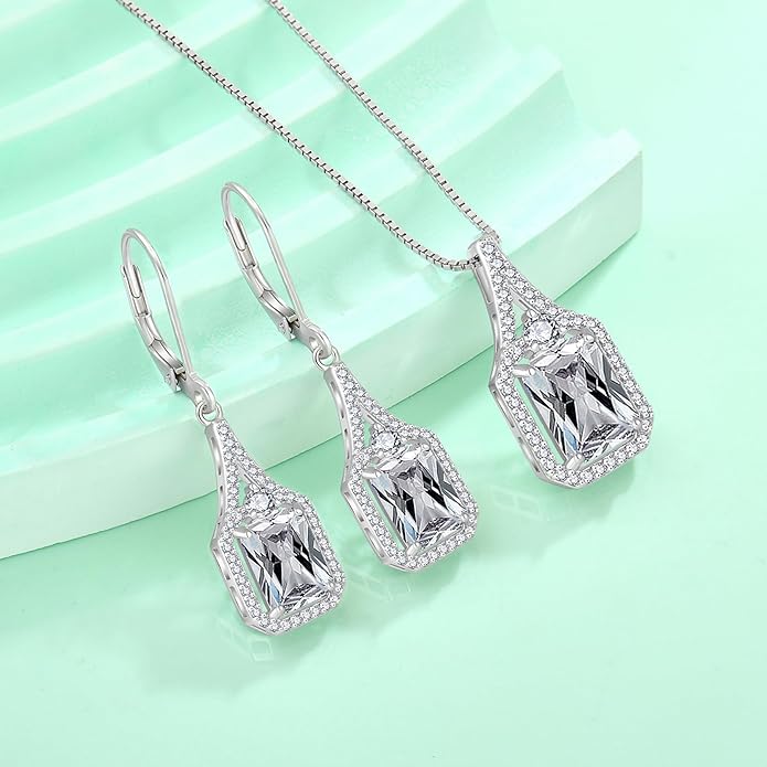 Emerald Cut Dangle Drop Earrings 925 Sterling Silver Halo Rectangular Leverback Earrings Birthstone Jewelry for Women