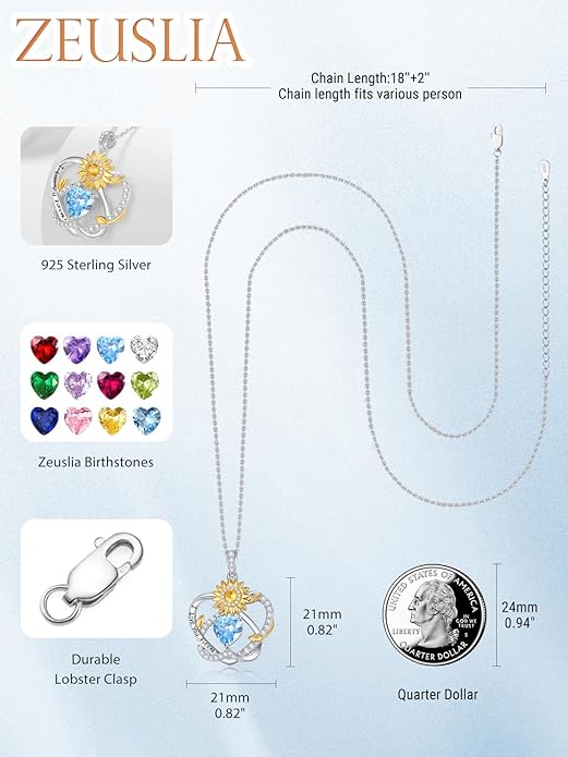 Zeuslia Double Birthstone Necklace Gifts for Wife - 925 Sterling Silver Sunflower/Rose/Crown Cross/Compass/Heart Pendant I Love You Necklace, Anniversary Birthday Gifts for Wife Girlfriend Mom Her