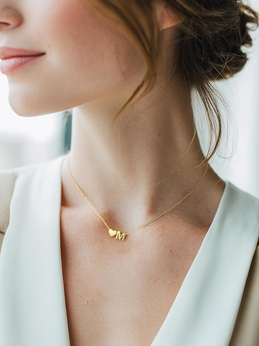 PROSILVER Initial Heart Necklace for Women, 925 Sterling Silver Tiny Heart Letter Necklace Siver, Gold Necklace, Come with Box