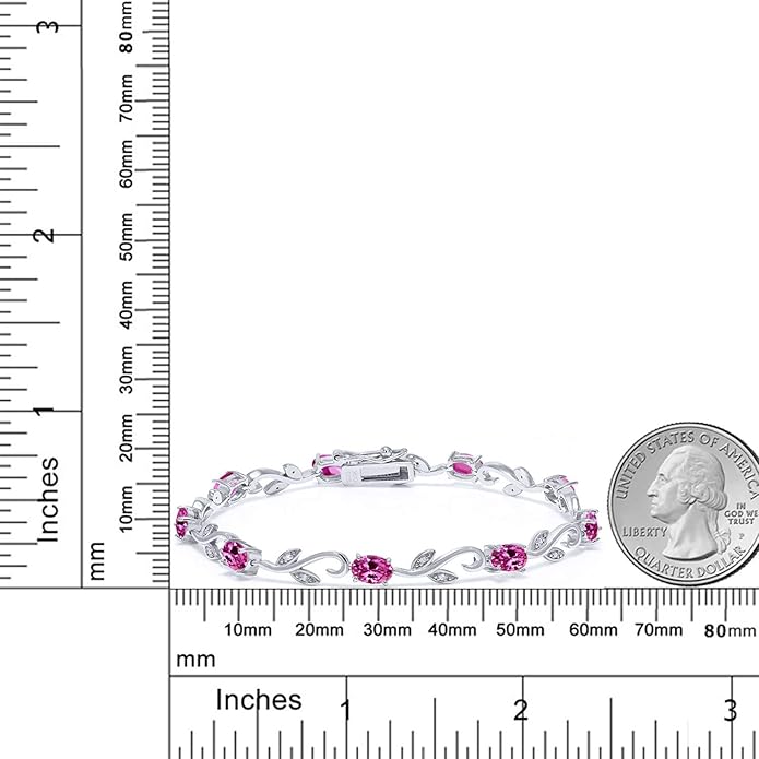 Gem Stone King 925 Sterling Silver Pink Created Sapphire and Diamond Greek Vine Tennis Bracelet For Women (4.63 Cttw, 7 Inch, Oval 6X4MM)
