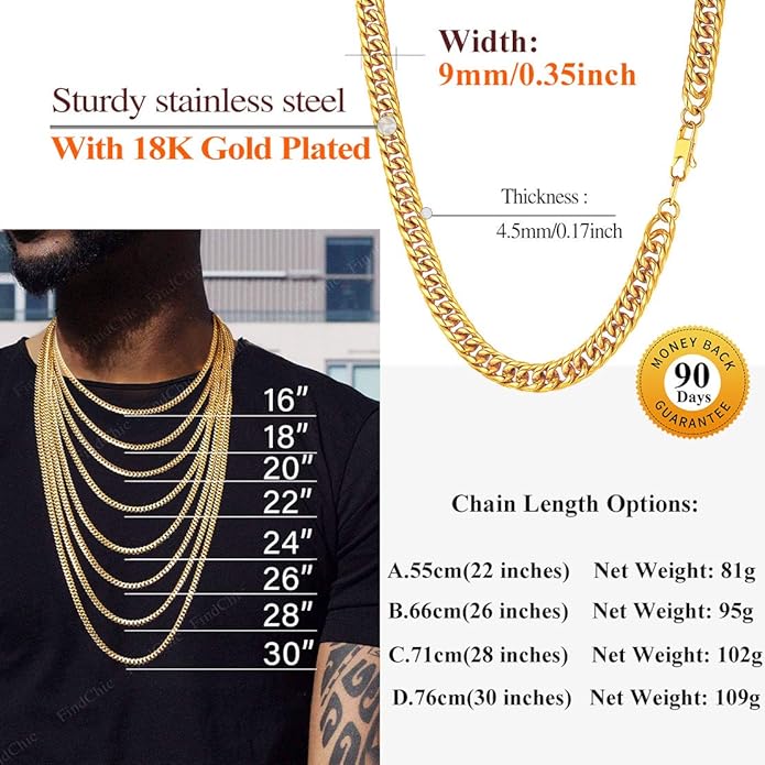 FindChic Men Curb Chain Necklace 18K Gold Plated/Stainless Steel/Black Chunky Double Tight Cuban Link Hip Hop Neck Chains for Men Boys 3.5MM/5MM/6MM/7MM/9MM/12MM 14''-30'' 8 Length Options (Send Gift Box)