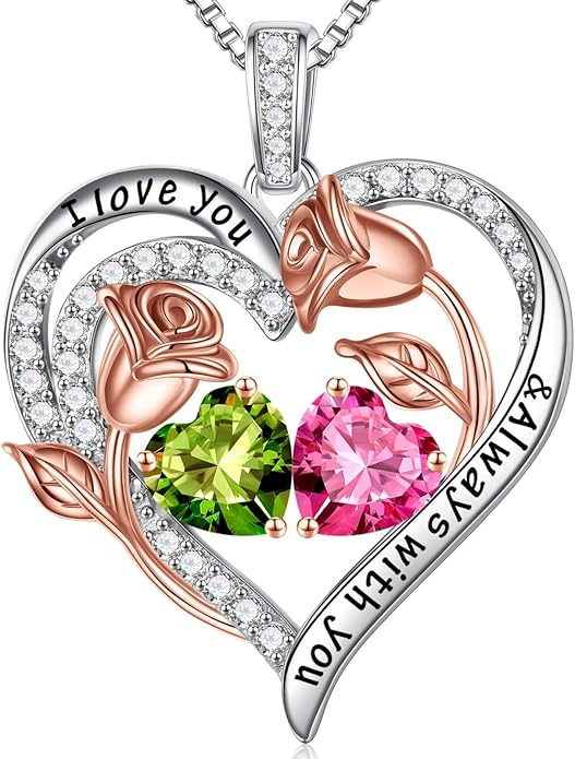 Iefil Birthstone Necklace for Women - 925 Sterling Silver Rose Heart Birthstone Necklace Birthday Anniversary Jewelry Gifts for Her Wife Mom Daughter