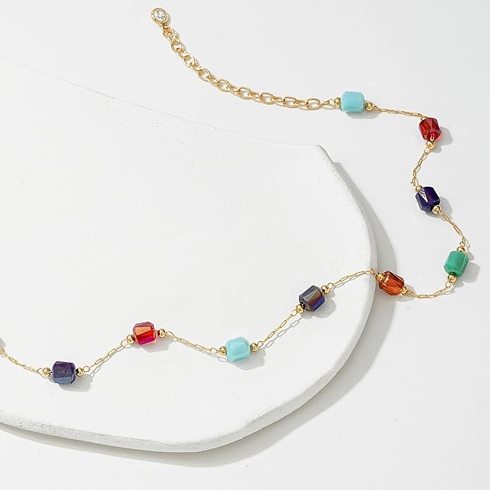 MTMY Beaded Necklaces for Women 14K Gold Plated Dainty Colorful Green/Rose Beaded Pearl Choker Necklace Delicate Boho Choker Necklace Jewelry Gift