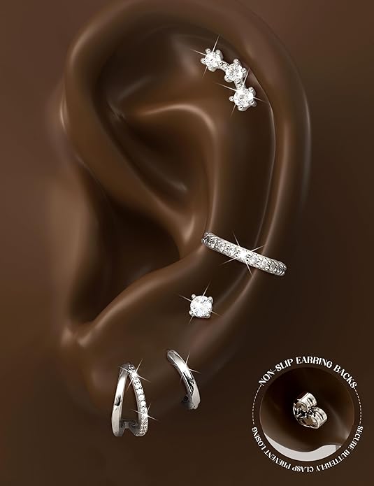 Florideco 925 Sterling Silver Earrings for Women Trendy Hypoallergenic Small Gold Hoop Earrings 14K Gold Plated Stud Earring Sets for Multiple Piercing CZ Ear Cuff Cartilage Earring Stacks