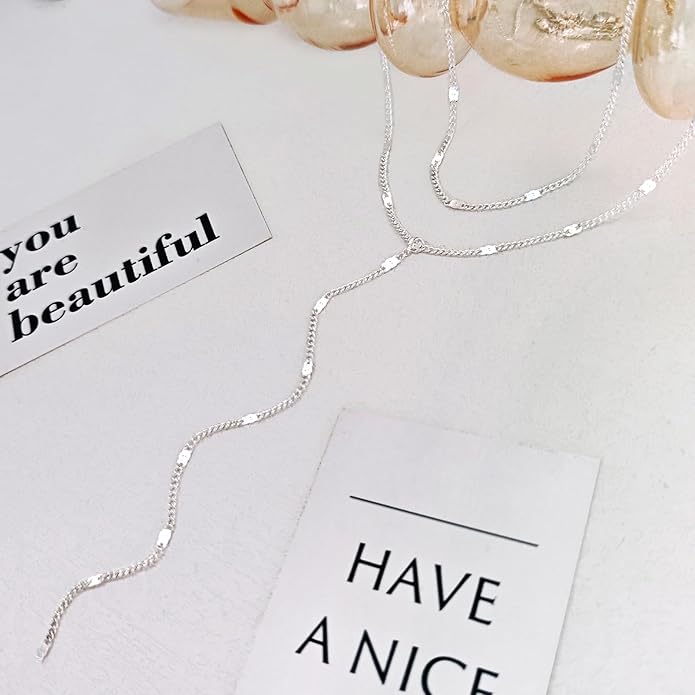 Luxval Lariat Silver Necklace for Women, Dainty Long Necklace Silver Y-Shaped Pendant Necklaces Trendy Beaded Chain Drop Necklaces Jewelry for Women Gifts
