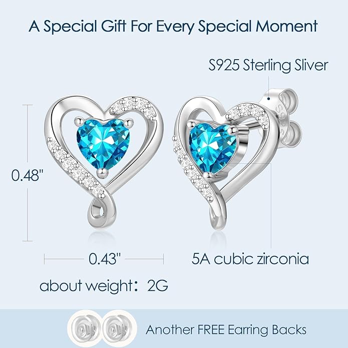 Earrings for Women, S925 Sterling Silver Rose Gold Birthstone Heart Studs Earring for Girlfriend Wife, Anniversary Birthday Christmas Valentines Mothers Day Gifts Jewelry for Women Wife Her Mom