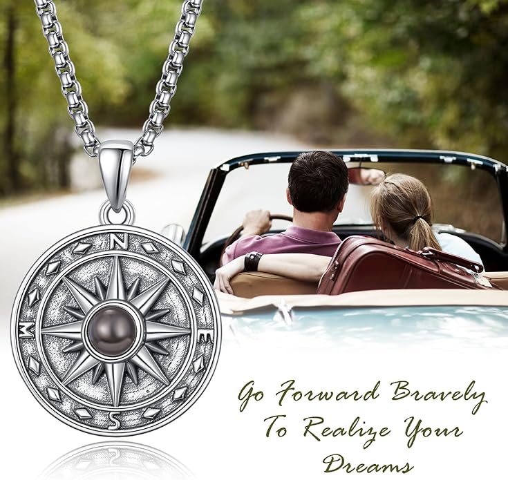 KINGWHYTE Compass Necklace for Men 925 Sterling Silver Birthday Gifts Graduation Travel Jewelry for Husband Brother with Stainless Steel Chain