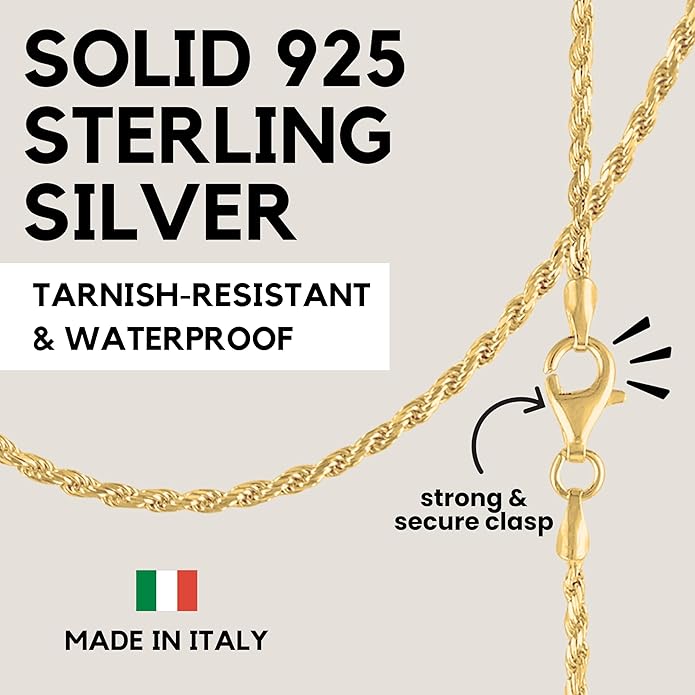 KISPER Solid 18K Gold Over 925 Sterling Silver Italian Diamond-Cut 1.5mm Braided Rope Chain Necklace - for Men & Women with Lobster Clasp - Made in Italy