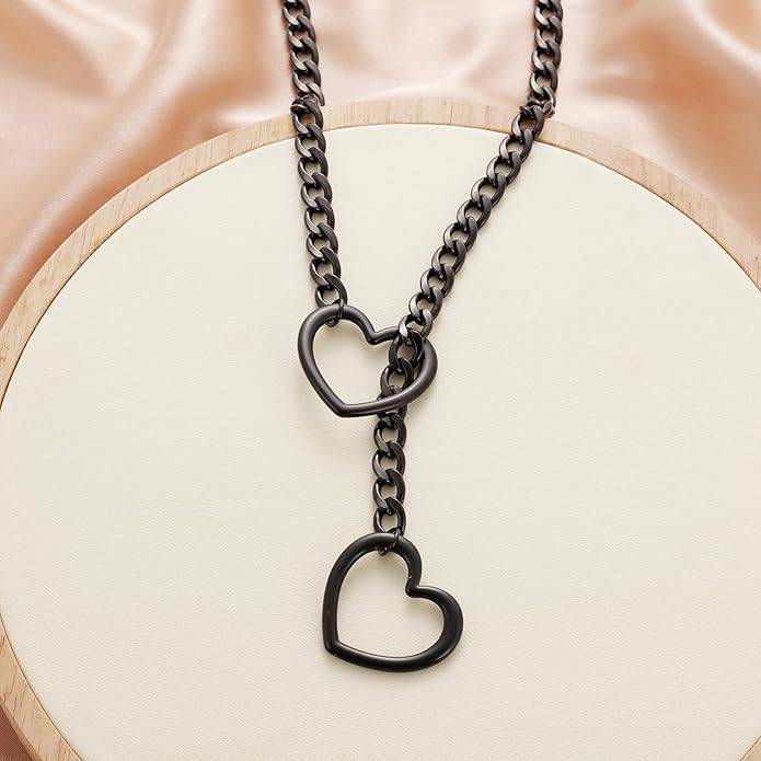 Heart Slip Chain Necklaces for Women,Stainless Steel O-Ring Adjustable Lariat Y-Necklace,Punk Gothic Cuban Collar Choker Necklace for women