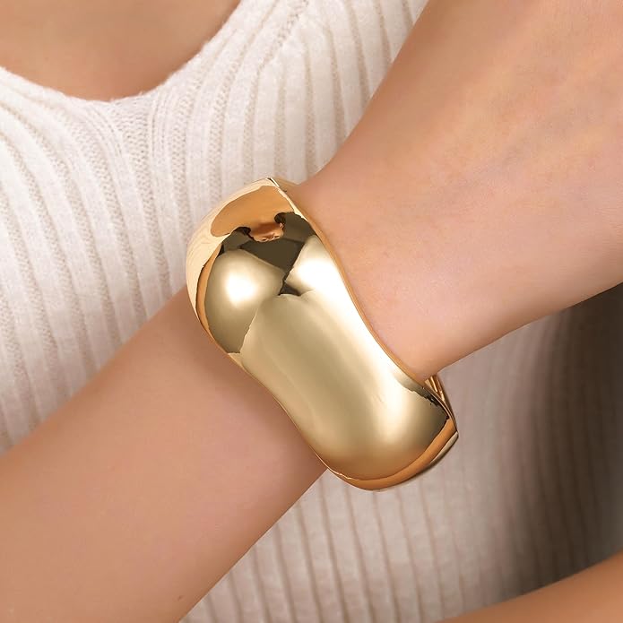 jokcde Chunky Gold/Silver Gold Cuff Bangle Bracelets for Women Trendy Hinged Cuff Open Wide Chunky Gold Bracelet Minimalist Bangle Jewelry Gift