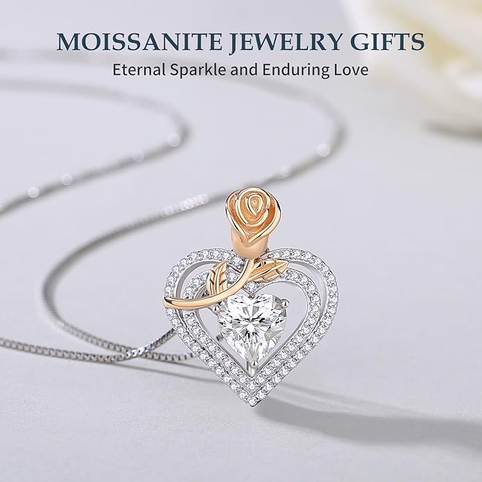 Moissanite Heart Necklaces for Women, 18K White Gold Plated 925 Sterling Silver 1-3CT Moissanite Pendant Jewelry Wedding Anniversary Birthday Christmas Gifts for Wife Mom Girlfriend Sister Grandma