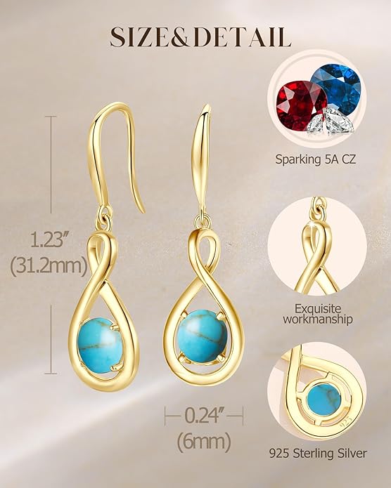 FANCIME Dangle Drop Earrings 925 Sterling Silver Dainty Infinity Round Gemstone Birthstone Jewelry Birthday Gifts for Her Women
