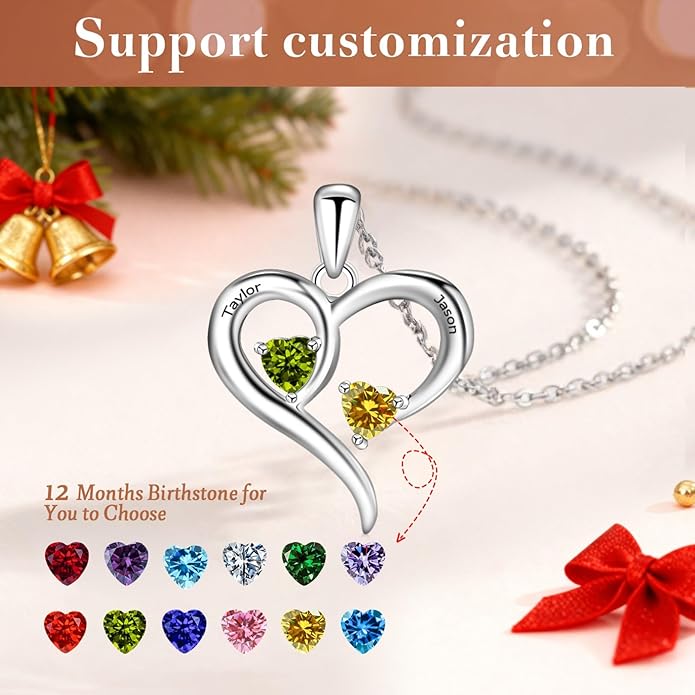 JOBFLY S925 Sterling Silver Customized 2 Birthstone Heart Necklace with 2 Name Engraved Personalized Mother Daughter Necklace Couple Jewelry Christmas Birthday Gift