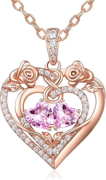 JIYVY32 Rose Heart Necklace for Women Exquisite 925 Sterling Silver Anniversary Birthday Gifts for Wife Mom Her Double Birthstone Pendant Jewelry