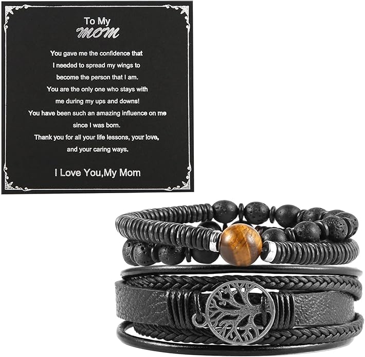 HZMAN Genuine Leather Tree of life Bracelets Men Women, Tiger Eye Natural Stone Lava Rock Beads Ethnic Tribal Elastic Bracelets Wristbands