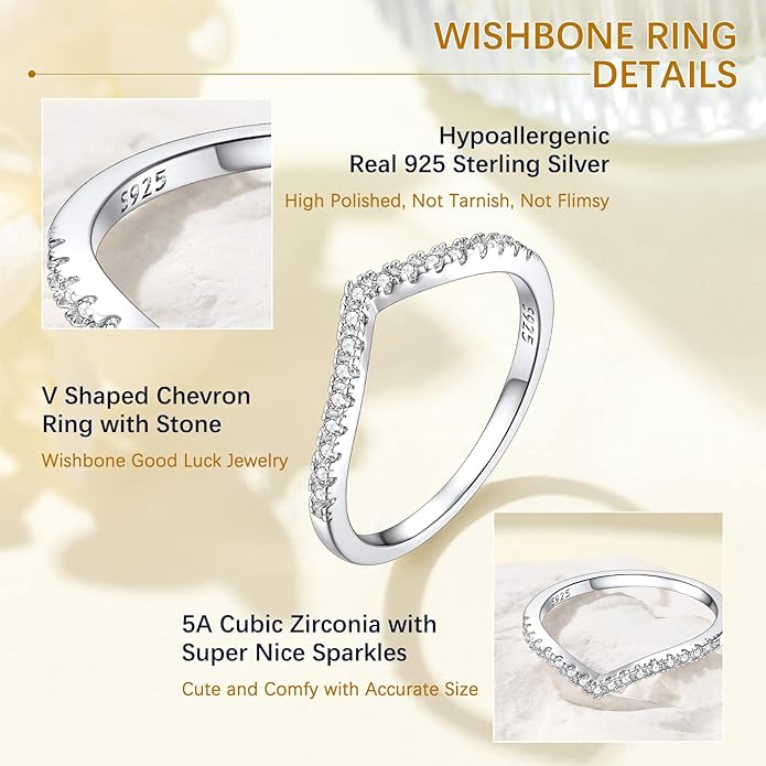 Suplight 925 Sterling Silver Wedding Band Rings, Full Cubic Zirconia Wishbone Ring Love/Lucky Engagement Promise Rings For Women, Size 4-12 (with Gift Box)