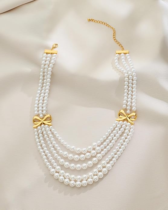 Gold Bow Imitation Pearl Layered Necklaces For Women Stack Necklace Charm Elegant Bow Necklaces Jewelry Presents