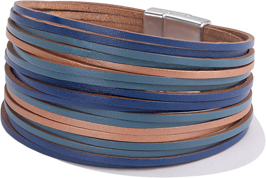FANCY SHINY Boho Leather Wrap Bracelet Stackable Layered Bangle Cuff with Magnetic Clasp