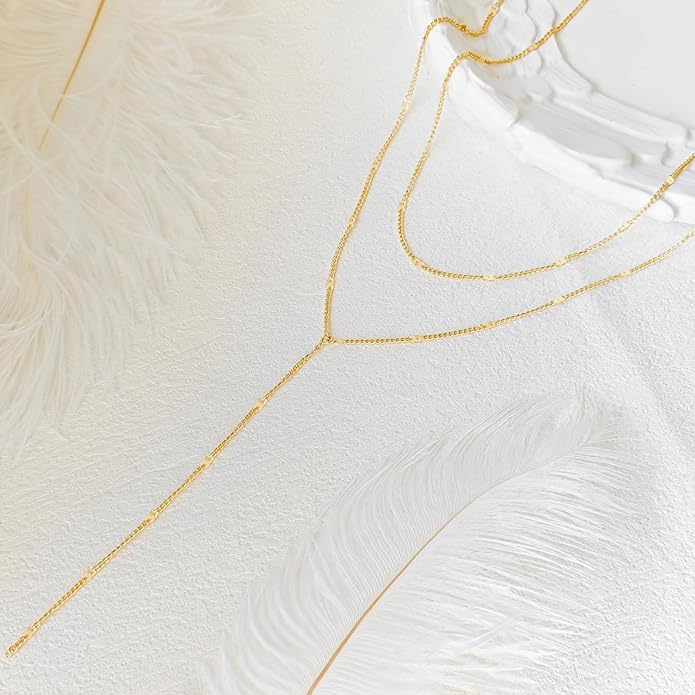 Lariat Gold Necklace for Women Trendy Dainty 14k Gold Plated/Silver Layered Chain Drop Necklaces Y-Shaped Necklace Jewelry for Women Gifts