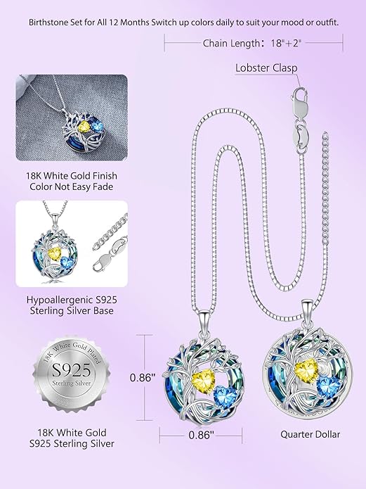 TOUPOP s925 Sterling Silver Family Celtic Tree of Life Pendant Necklaces with 2 Heart Birthstone with Blue Austrian Crystal Jewelry Birthday Anniversary Christmas Gifts for Her Wife Girlfriend Mom (18K Real White Gold Filled)