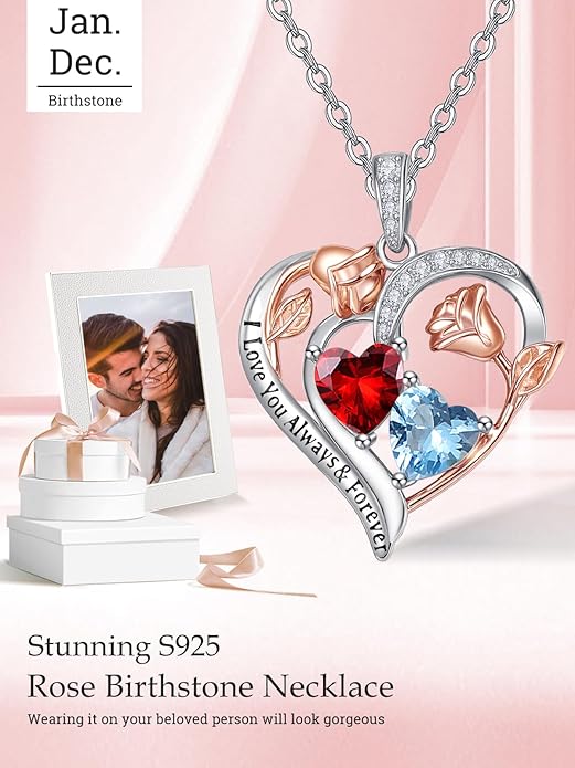 Zeuslia Double Birthstone Necklace Gifts for Wife - 925 Sterling Silver Sunflower/Rose/Crown Cross/Compass/Heart Pendant I Love You Necklace, Anniversary Birthday Gifts for Wife Girlfriend Mom Her