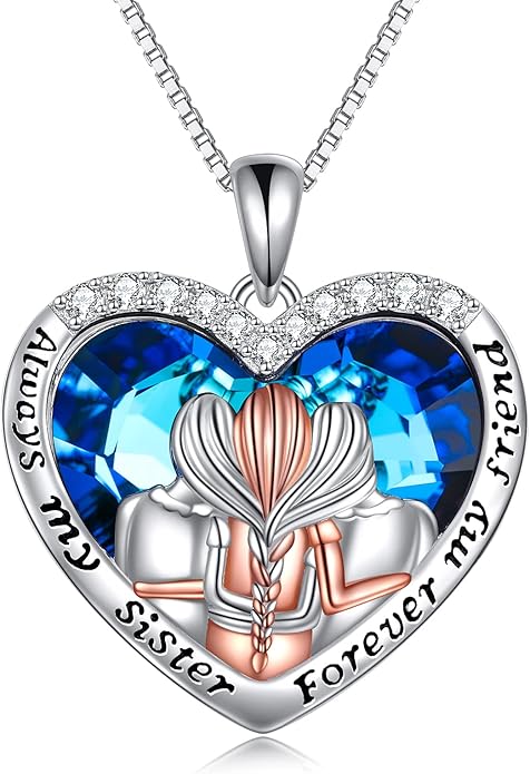 POPKIMI 925 Sterling Silver Sister Necklace - Birthday Gift for Sisters, Mom, Daughter - Always My Sister Forever My Friend Crystal Necklace for 2/3/4/5 Sisters