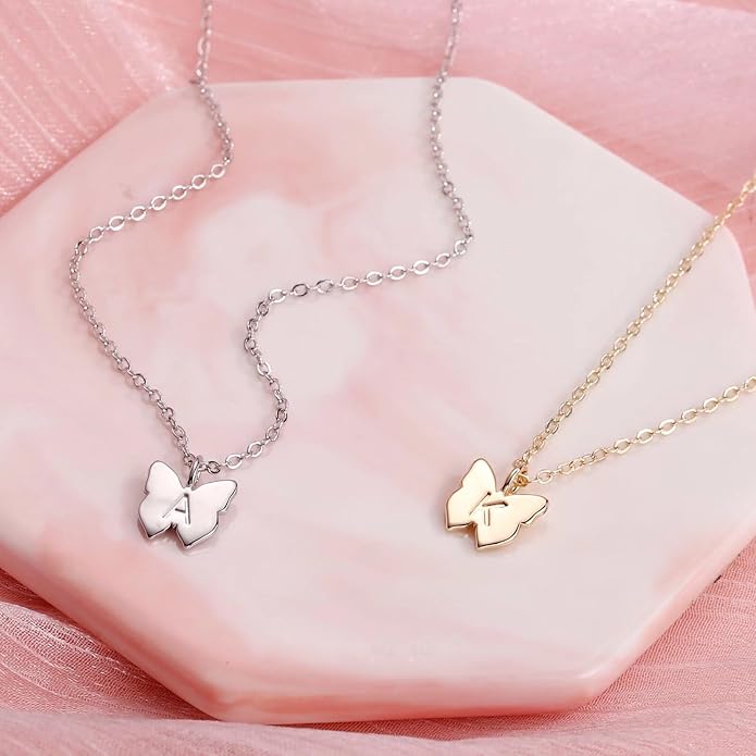 Hidepoo Initial Butterfly Necklace for Girls Gifts, 14K Gold/Silver/Rose Gold Filled Dainty Butterfly Pendant Choker Necklace Initial Butterfly Necklace Birthday Gifts for Girls