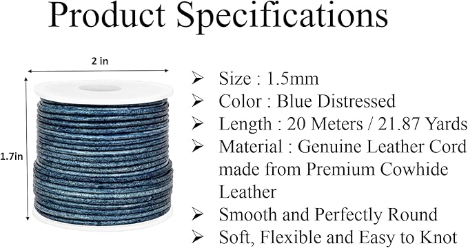 GENIQUE Real/Genuine Round Leather String Cord for Necklace, Bracelets, Jewellery, Braiding (1.5mm, Blue Distressed)