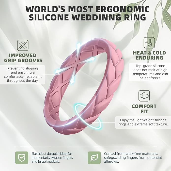 Egnaro Women's Silicone Stackable Rings 3.5mm Wide 2mm Thick, Rubber Flexible Hypoallergenic Wedding Bands For Workout Leaf Braided Fashion
