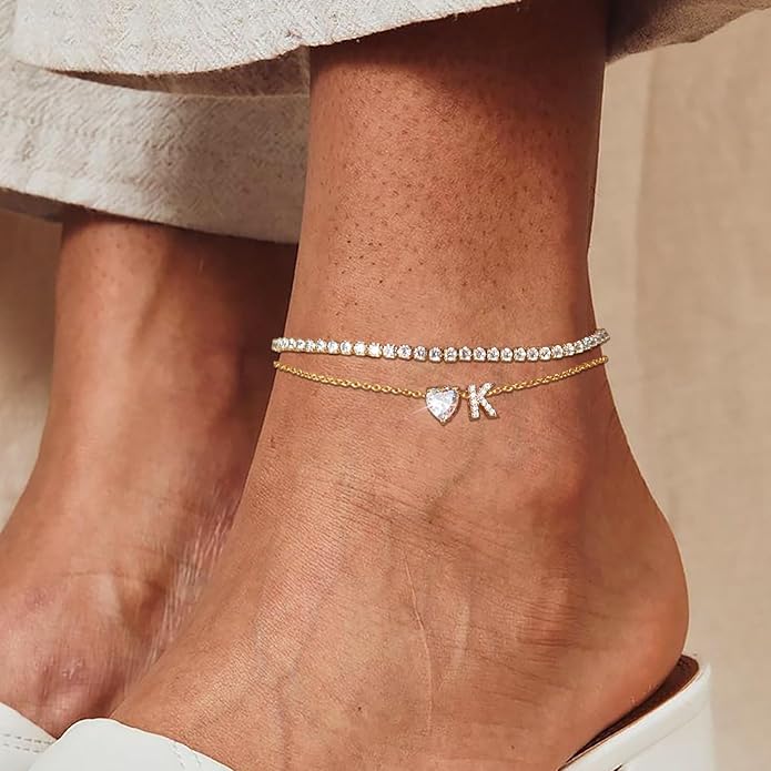Gold Initial Ankle Bracelets for Women Waterproof 14K Gold Filled Layered Anklets for Women Non Tarnish Women's Anklets Adjustable Large Ankle Summer Beach Foot Jewelry