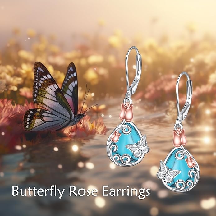 AOBOCO Butterfly/Dragonfly/Bee/Ladybug Leverback Earrings 925 Sterling Silver Rose Lotus Tulip Flower Filigree Dangle Earrings Teardrop Moonstone Larimar Turquoise Abalone Shell Jewelry Birthday Gifts for Women