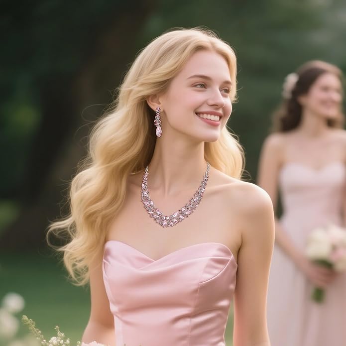 BriLove Women's Wedding Bridal Austrian Crystal Marquise Cluster Collar Necklace Dangle Earrings Set