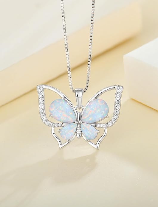 YL Women's Butterfly Necklace 925 Sterling Silver Flower Rose Pendant Birthstone Halo Jewelry