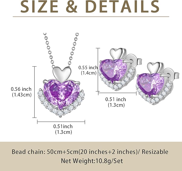 Ydou Love Heart Necklaces and Earrings with Rose Cut Birthstone Silver Plated Elegant Jewelry Set for Women CS0002