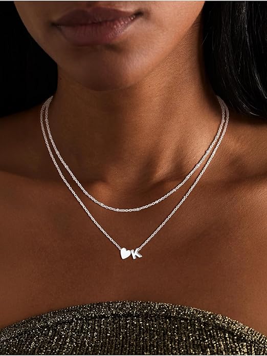 FOCALOOK Layered Initial Necklace for Women, 14K Gold Plated Choker Necklaces Stacks with Initial A-Z, Dainty Silver Heart Pendant Necklace Personalized Birthday Women Jewelry