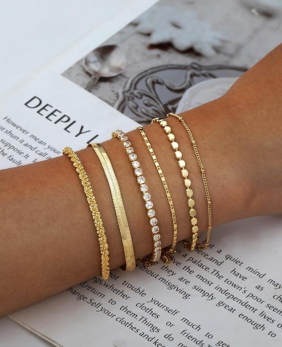 Gold Bracelets for Women 14K Gold Plated Stack Trend Bracelets Charm Paperclip Chain Cuban Link Layered Waterproof Bracelet Dainty Bracelet for Women Jewelry Gifts