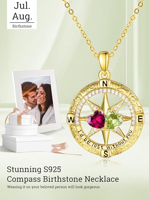 Zeuslia Double Birthstone Necklace Gifts for Wife - 925 Sterling Silver Sunflower/Rose/Crown Cross/Compass/Heart Pendant I Love You Necklace, Anniversary Birthday Gifts for Wife Girlfriend Mom Her