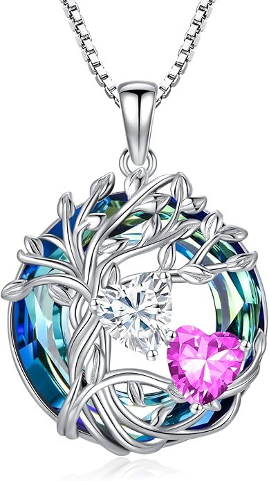 TOUPOP s925 Sterling Silver Family Celtic Tree of Life Pendant Necklaces with 2 Heart Birthstone with Blue Austrian Crystal Jewelry Birthday Anniversary Christmas Gifts for Her Wife Girlfriend Mom (18K Real White Gold Filled)