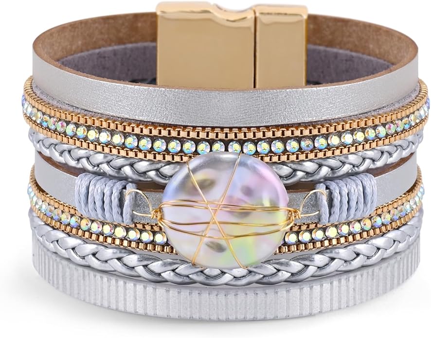 ENGCKSHI Wrapped Bracelets for Women,Leather Bracelet,Boho Bracelets for Women,Multi-Layer Pearl Crystal Bracelet Bangle Jewelry