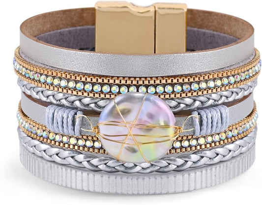 ENGCKSHI Wrapped Bracelets for Women,Leather Bracelet,Boho Bracelets for Women,Multi-Layer Pearl Crystal Bracelet Bangle Jewelry