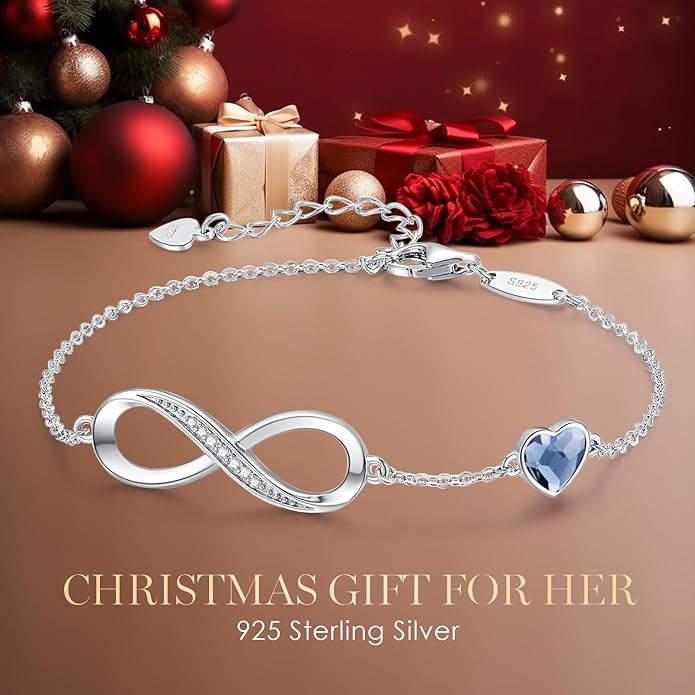 CDE Infinity Heart Birthstone Charm Link Bracelet for Women 925 Sterling Silver Adjustable Mother's Day Gift Anniversary Birthday Jewelry for Wife Girlfriend Her