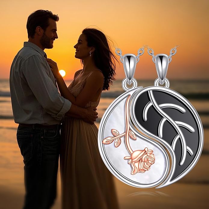 JBAERD Couples BFF Matching Necklaces 925 Sterling Silver Cross/Yin Yang/Sun Moon/Mountain Wave Pendant Necklace Anniversary Birthday Gifts