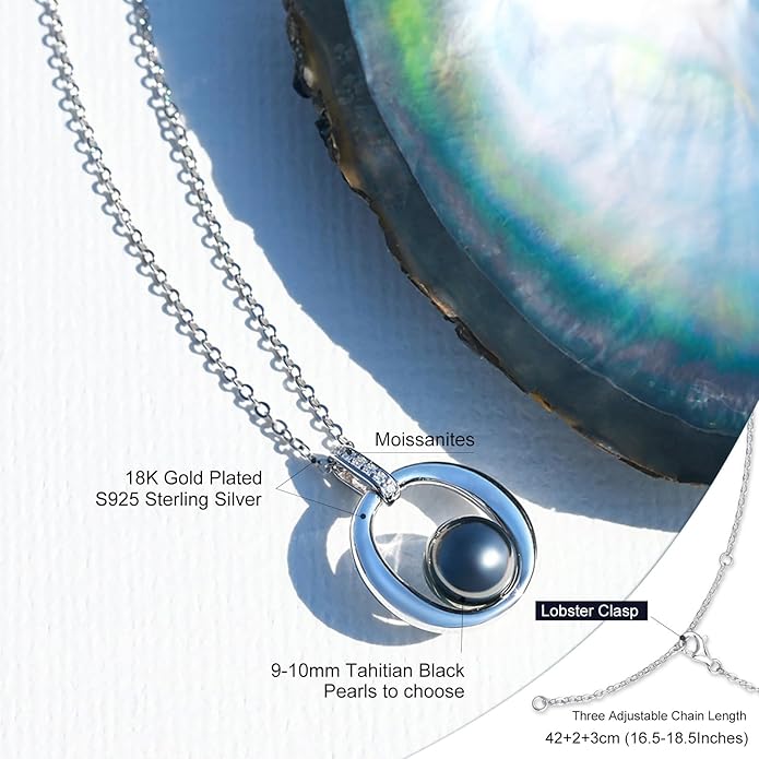 Genuine Tahitian Black Pearl Necklace for Women, 9-11mm AAAA Seawater Pearl with Sterling Silver Moissanite Pendant, Jewelry Gift for Wife, Mom, Girlfriend, Wedding Anniversary, Birthday, Christmas