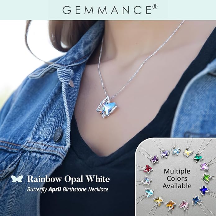 Gift Butterfly Birthstone Crystal Necklace, Silver Tone with 18”+2” Chain, Necklace for Mother’s Day Anniversary Birthday Gifts for Women and Daughter