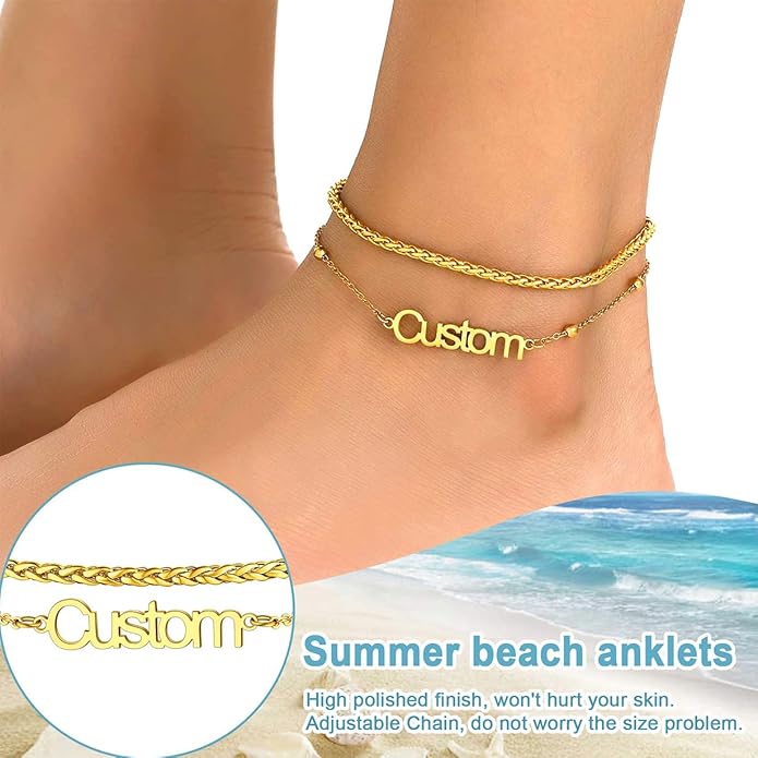 U7 Custom Layered Ankle Bracelets for Women Stainless Steel Bead/Cuban/Figaro/Rope/Wheat Chain Anklet Waterproof Anklet Jewelry for Beach Vacation